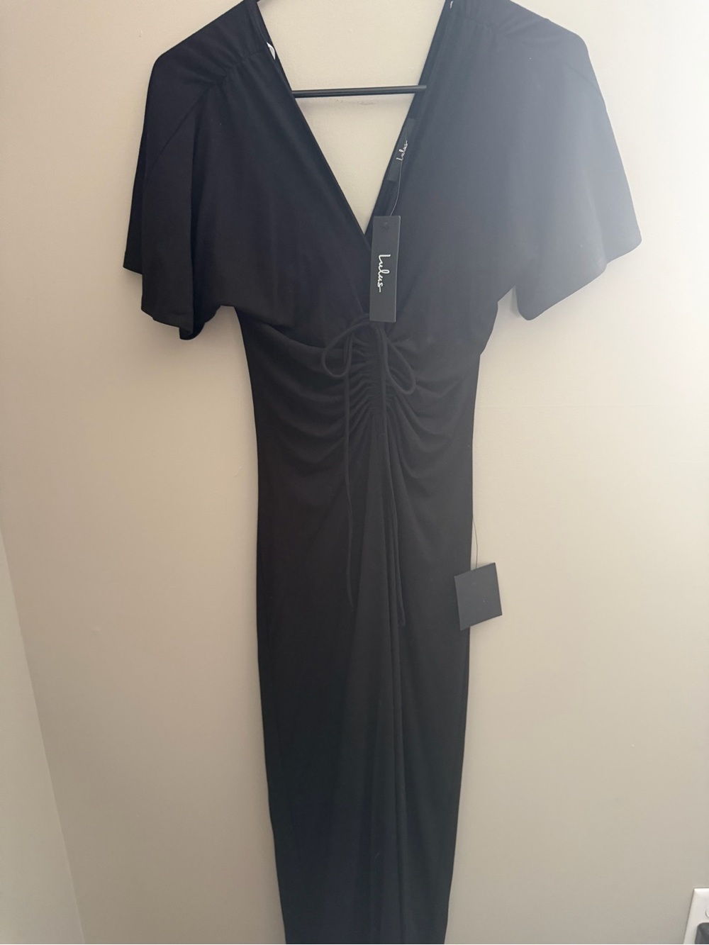 Lulu's Black Ruched V-Neck Maxi Dress